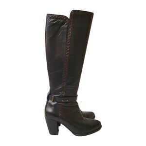 UGG Australia Tall Black Leather Boots Braided Trim Wooden Block Heel Women 7,5